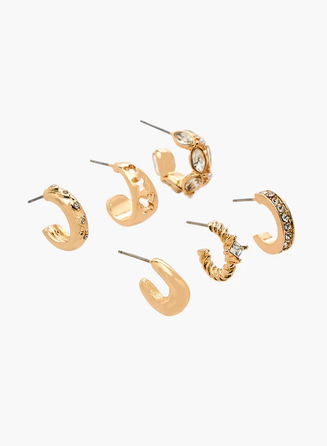 Flora Bella By Shoexpress GOLD Pack Of 6 Gold Tone Embellished Hoop Earrings With Pushback Closure for Women | Best Price UAE